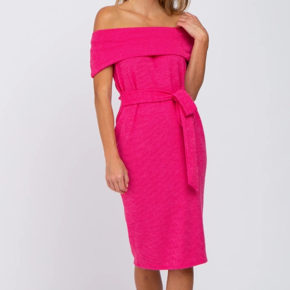 Pink Blush Maternity Hot Pink Fushia Folded Off Shoulder Waist Tie Midi Dress L